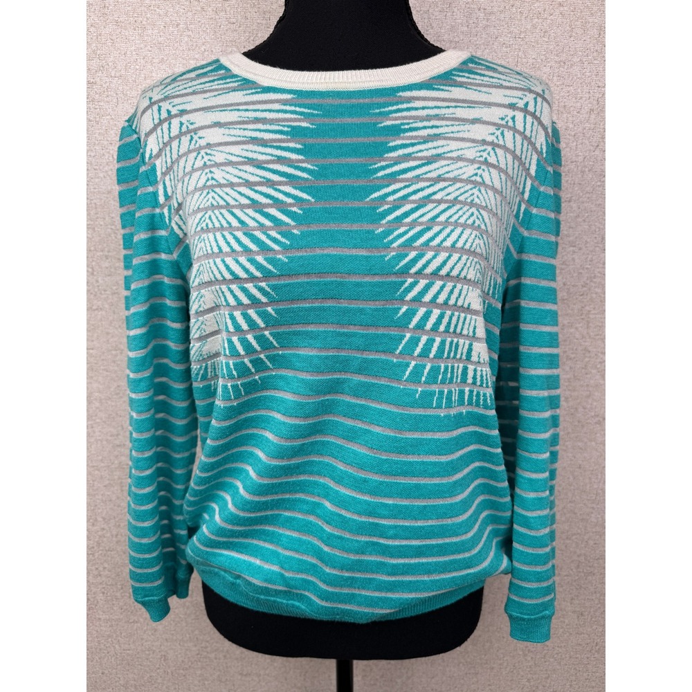St. John Teal Tropical Palm Print Santana Knit Pullover Sweater Cashmere Blend M